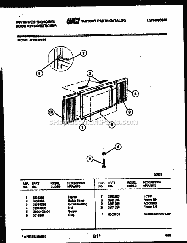 Frigidaire AC088N7B1 Wwh(V1) / Room Air Conditioner Cabinet and Installation Parts Diagram