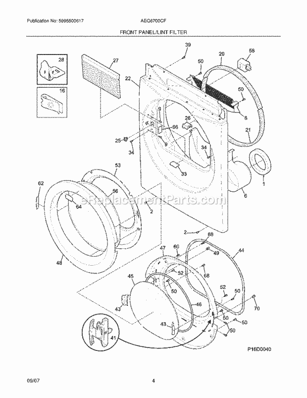 Frigidaire AEQ6700CFE0 Residential Dryer Front Panel / Lint Filter Diagram