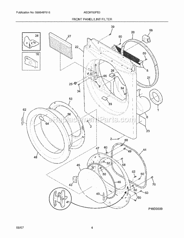 Frigidaire AEQ8700FE0 Residential Dryer Front Panel / Lint Filter Diagram