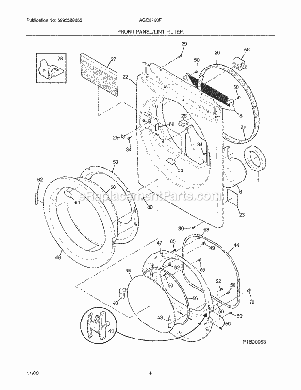 Frigidaire AGQ8700FE1 Dryer Front Panel/Lint Filter Diagram