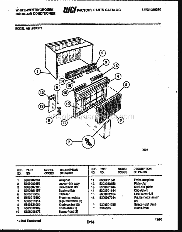 Frigidaire AH11EP2T1 Wwh(V1) / Room Air Conditioner Cabinet Parts Diagram