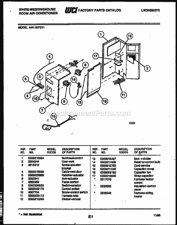 Frigidaire AH11EP2T1 Wwh(V1) / Room Air Conditioner Electrical Parts Diagram