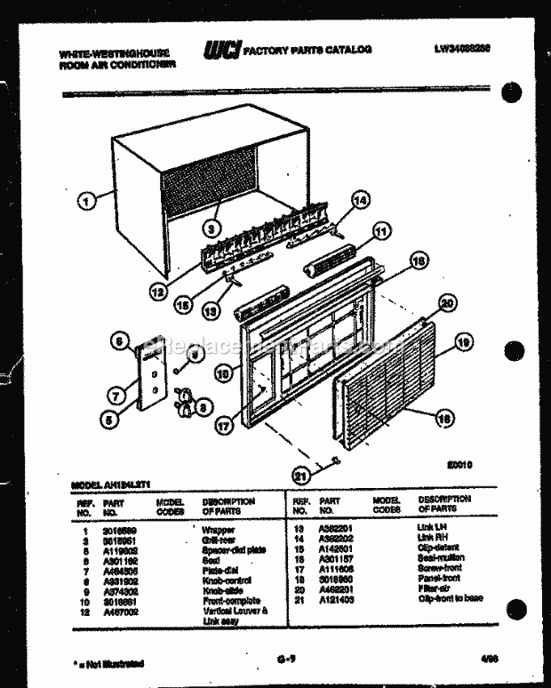Frigidaire AH124L2T1 Wwh(V1) / Room Air Conditioner Cabinet Parts Diagram