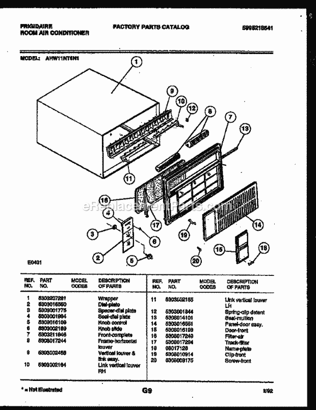Frigidaire AHW11NT6N1 Room Air Conditioner Cabinet Parts Diagram