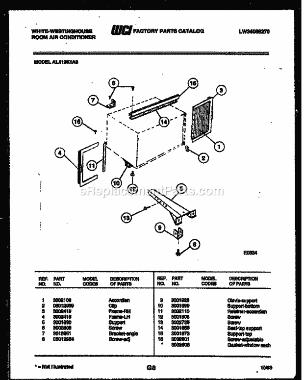 Frigidaire AL119K1A3 Wwh(V1) / Room Air Conditioner Cabinet and Installation Parts Diagram