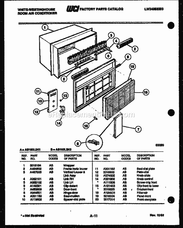 Frigidaire AS183L2K1 Wwh(V1) / Room Air Conditioner Cabinet Parts Diagram