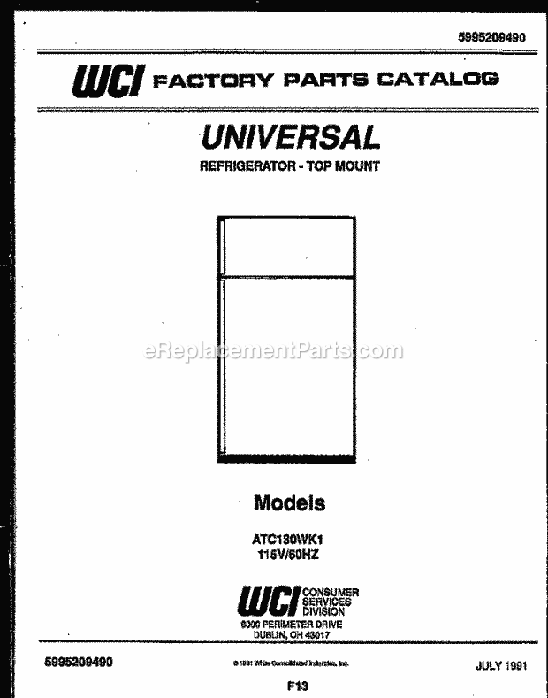 Frigidaire ATC130WKY1 Gib(V8) / Top Mount Refrigerator Page B Diagram