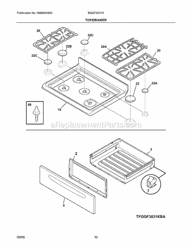 Frigidaire BGGF3031KBB Range Top/Drawer Diagram