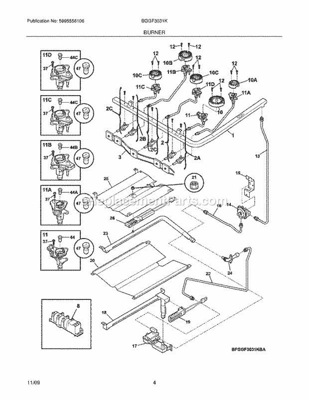 Frigidaire BGGF3031KBC Range Burner Diagram