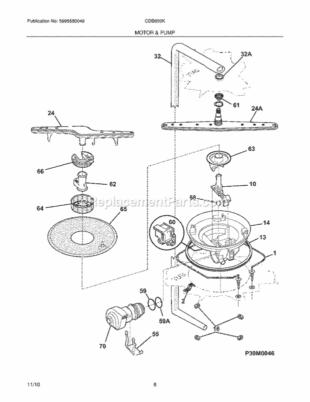 Frigidaire CDB600KB0A Dishwasher Motor & Pump Diagram