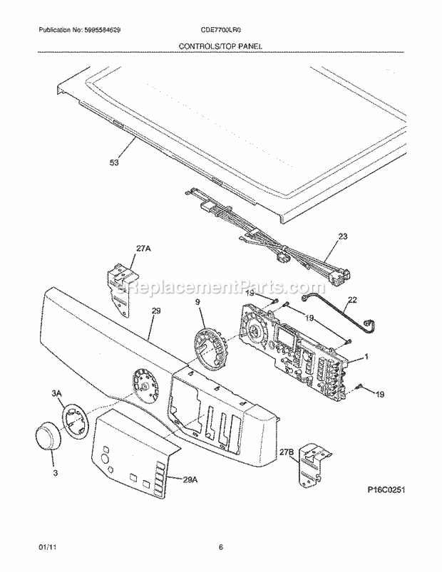 Frigidaire CDE7700LR0 Dryer Controls/Top Panel Diagram