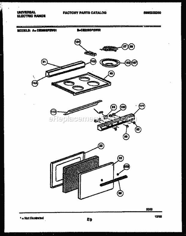 Frigidaire CE026SP2W2 Electric Range Electric Cooktop and Door Parts Diagram