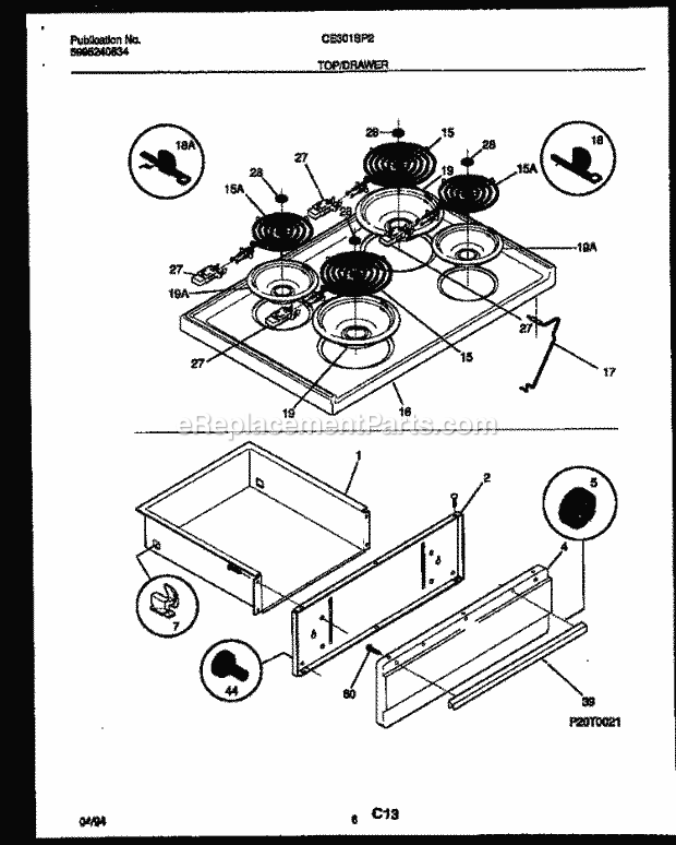 Frigidaire CE301SP2D2 Freestanding, Electric Electric Range Cooktop and Drawer Parts Diagram