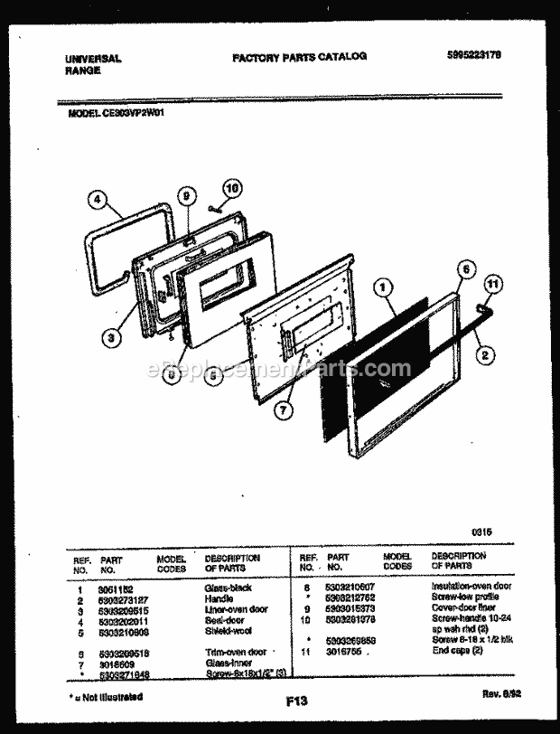 Frigidaire CE303VP2WW01 Frg(V1) / Electric Range Door Parts Diagram