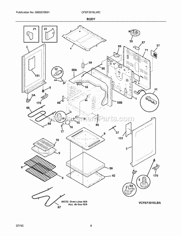 Frigidaire CFEF3016LWC Range Body Diagram