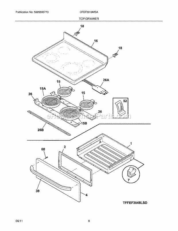 Frigidaire CFEF3019MSA Range Top/Drawer Diagram