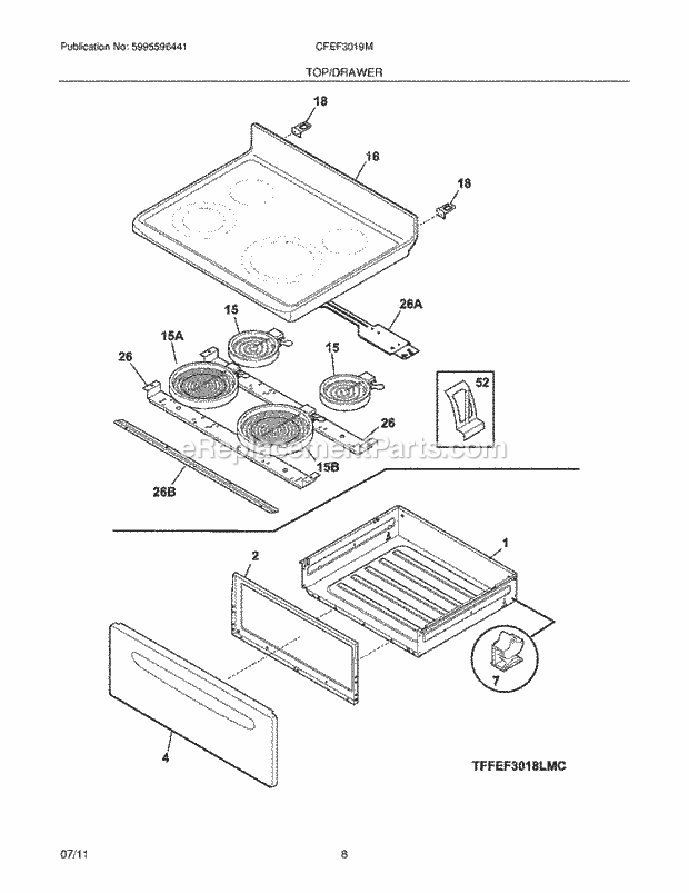 Frigidaire CFEF3019MWA Range Top/Drawer Diagram