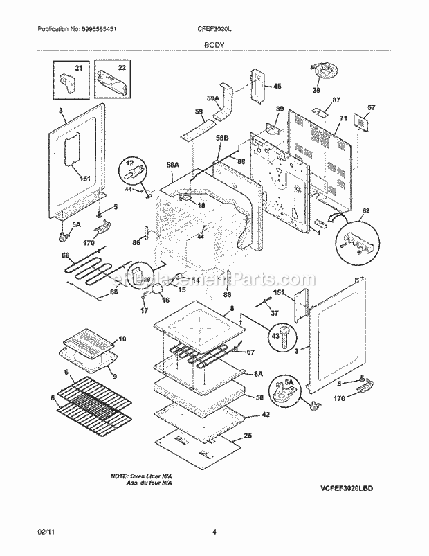 Frigidaire CFEF3020LWD Range Body Diagram