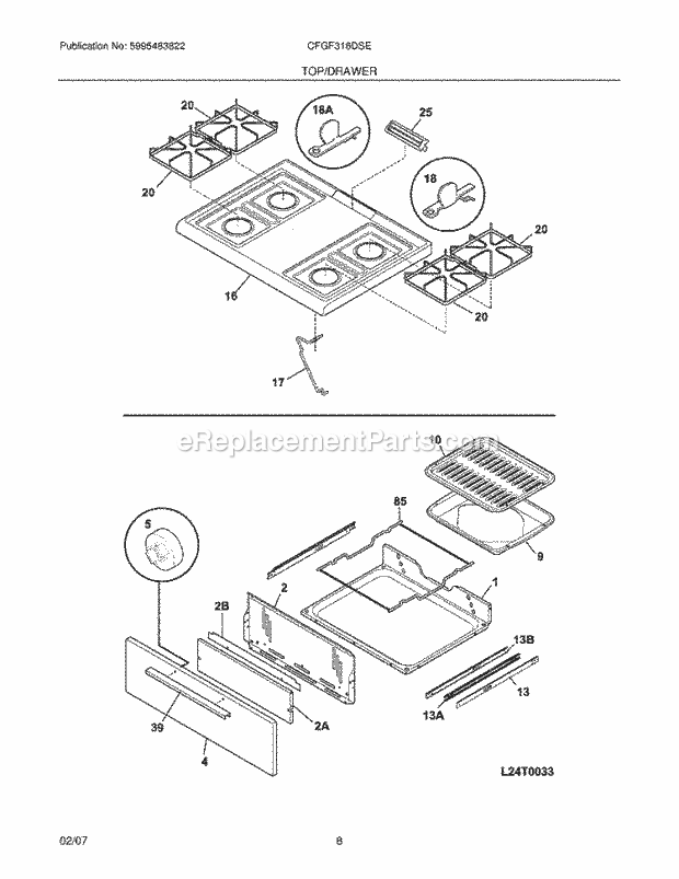 Frigidaire CFGF316DSE Freestanding, Gas Gas Range Top / Drawer Diagram