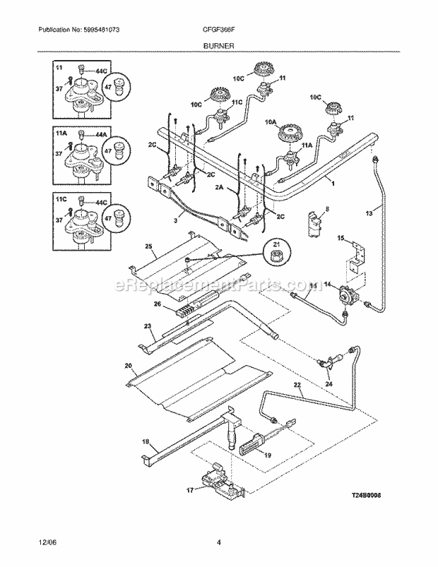 Frigidaire CFGF366FSC Freestanding, Gas Gas Range Burner Diagram