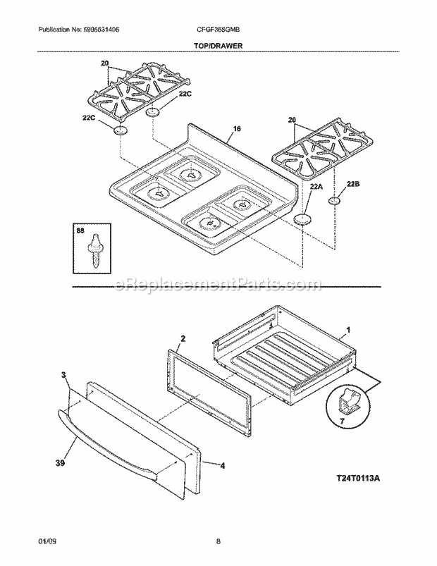 Frigidaire CFGF368GMB Range Top/Drawer Diagram