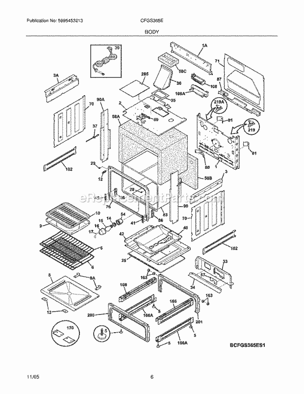 Frigidaire CFGS365EB1 Slide-In, Gas Gas Range Body Diagram