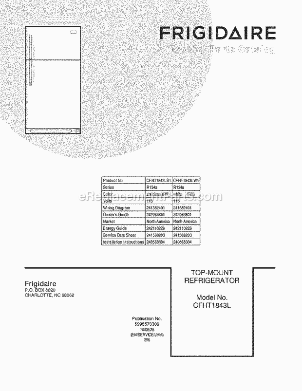 Frigidaire CFHT1843LW1 Refrigerator Page B Diagram