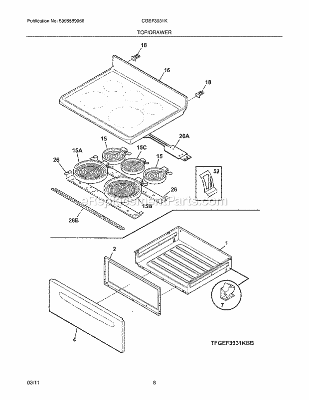 Frigidaire CGEF3031KWD Range Top/Drawer Diagram