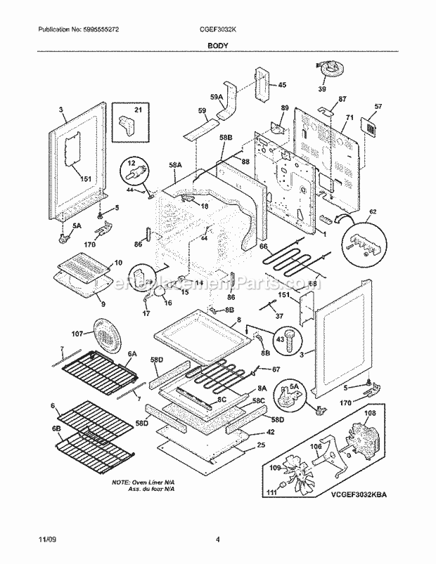 Frigidaire CGEF3032KWA Range Body Diagram