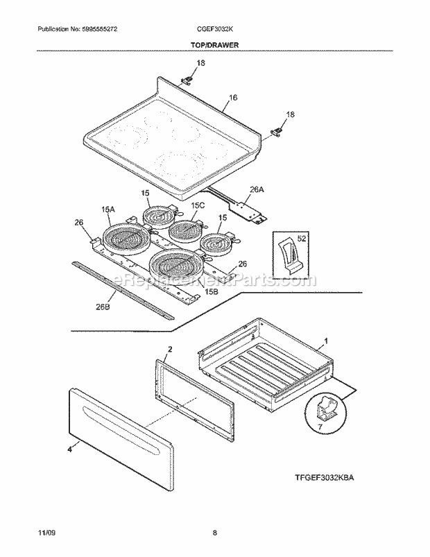 Frigidaire CGEF3032KWA Range Top/Drawer Diagram