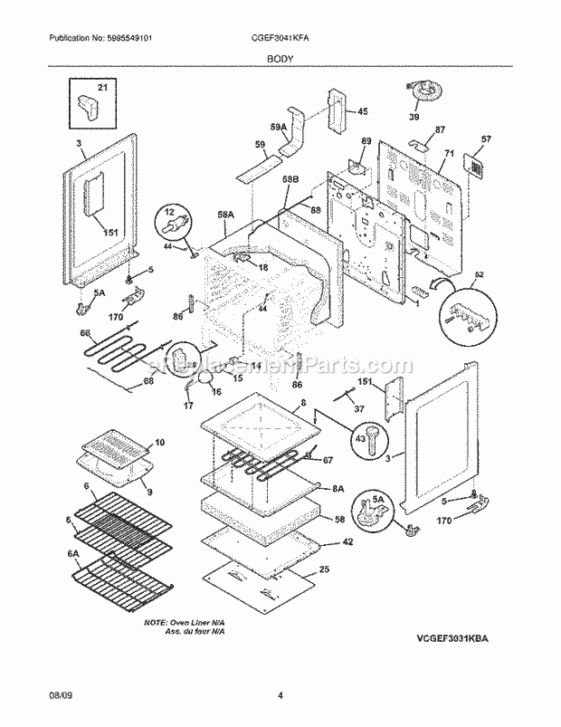 Frigidaire CGEF3041KFA Range Body Diagram