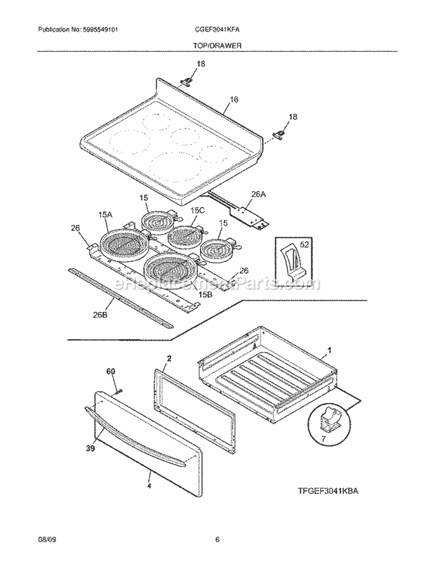 Frigidaire CGEF3041KFA Range Top/Drawer Diagram