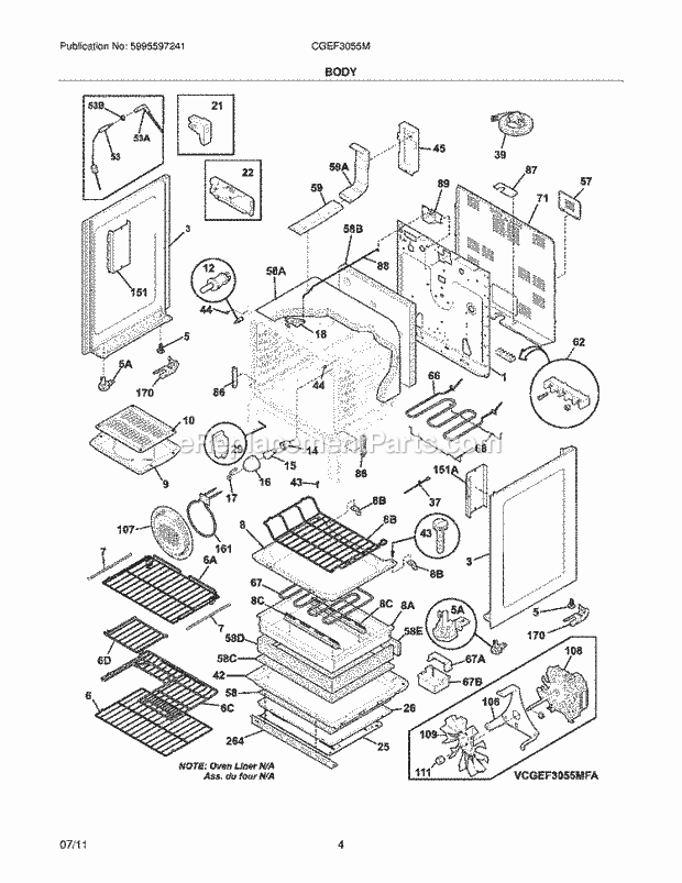 Frigidaire CGEF3055MWA Range Body Diagram