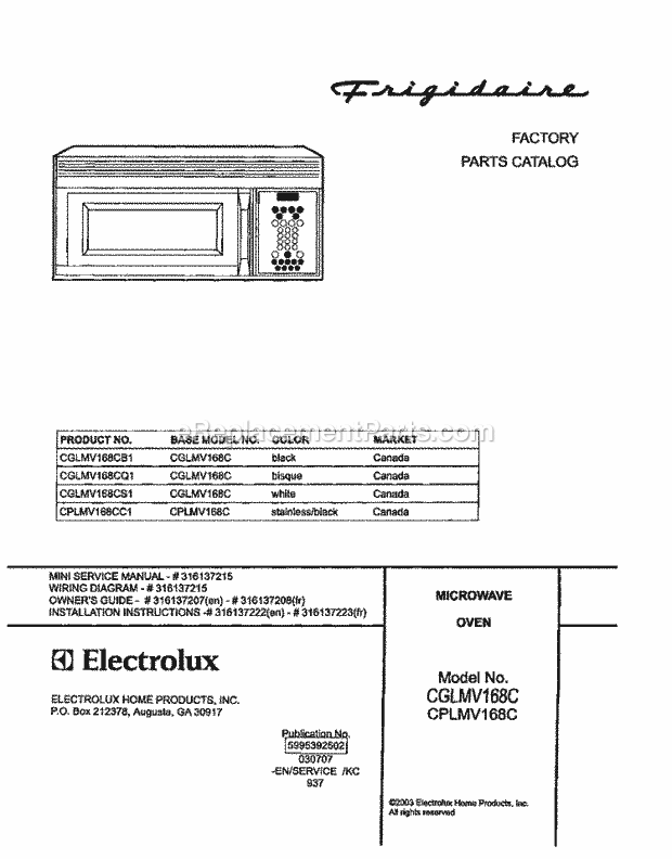 Frigidaire CPLMV168CC1 Microwave Hood Combo Microwave Page C Diagram