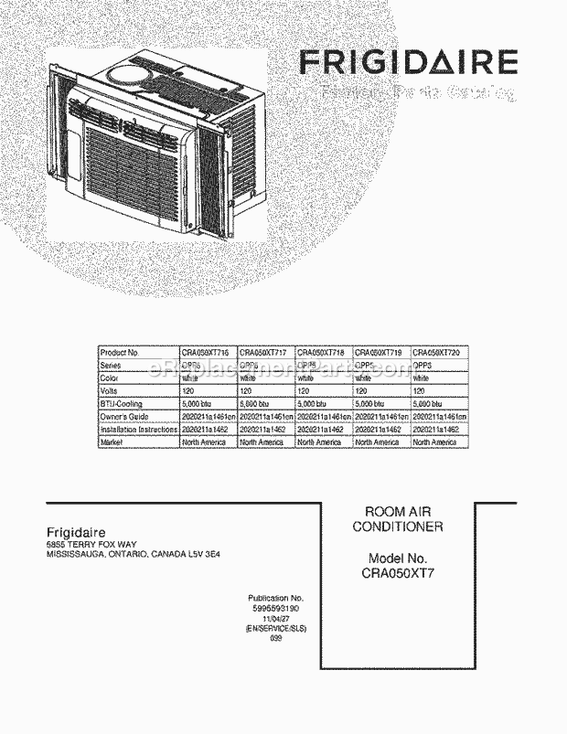 Frigidaire CRA050XT720 Room Air Conditioner Page B Diagram