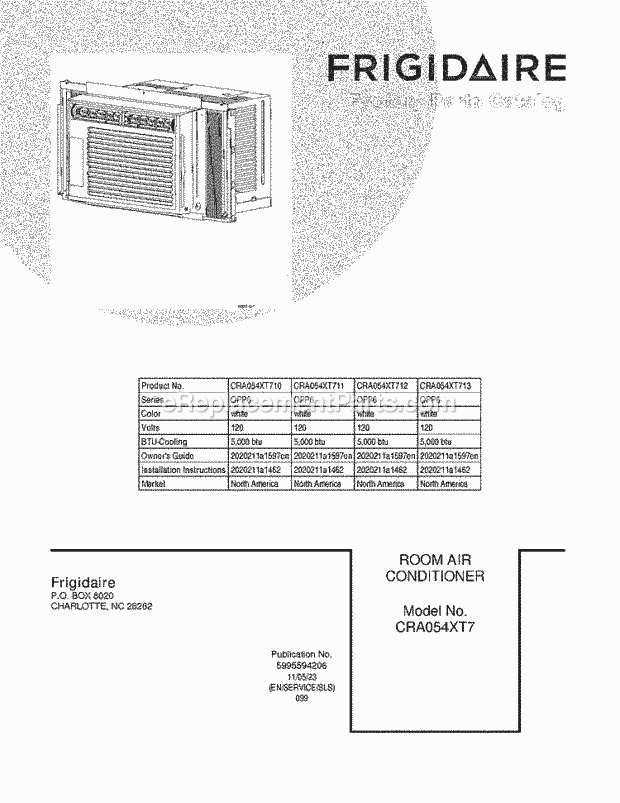 Frigidaire CRA054XT713 Room Air Conditioner Page B Diagram