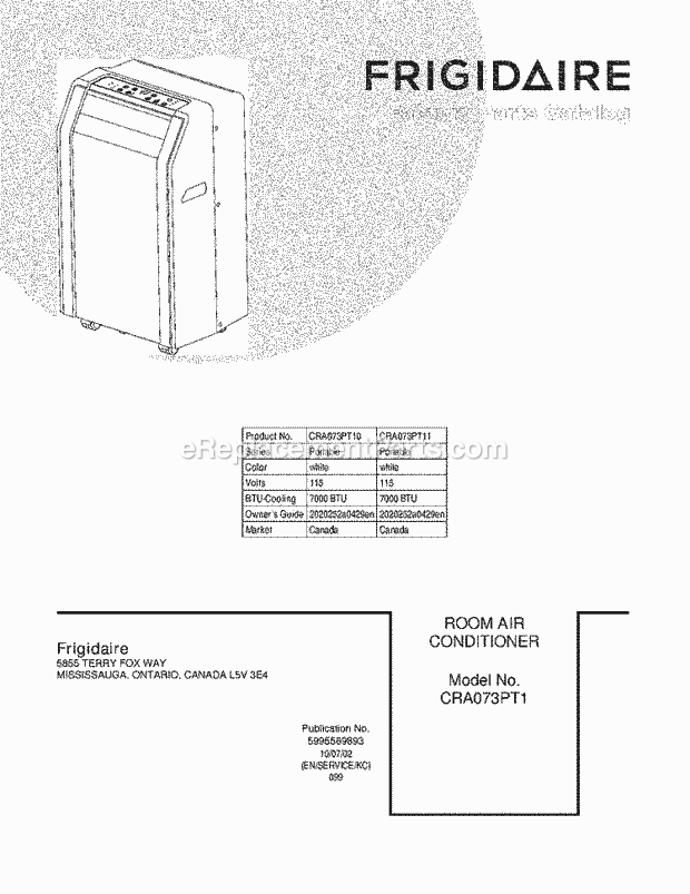 Frigidaire CRA073PT11 Air Conditioner Page B Diagram