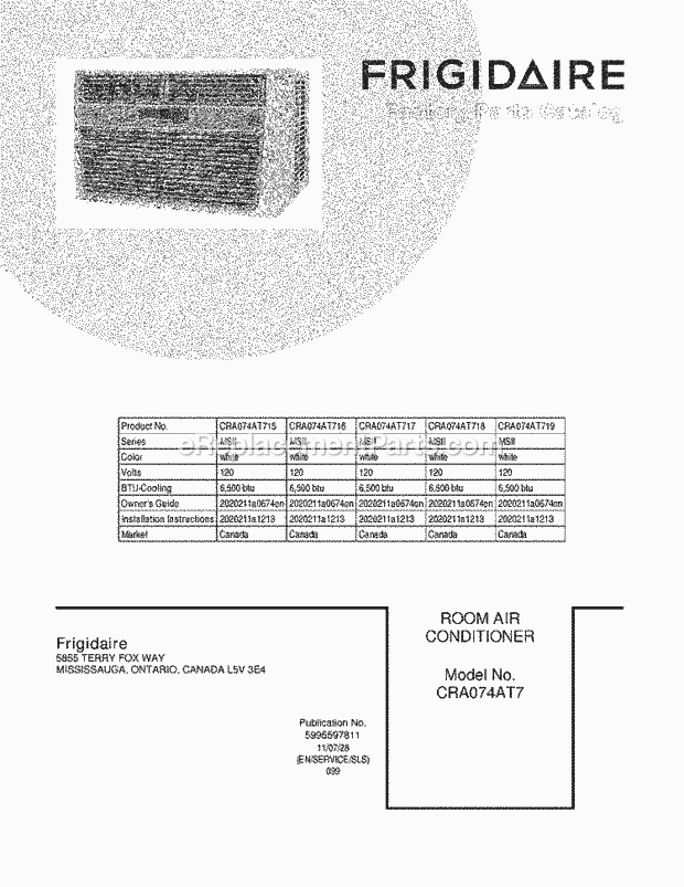 Frigidaire CRA074AT717 Room Air Conditioner Page B Diagram