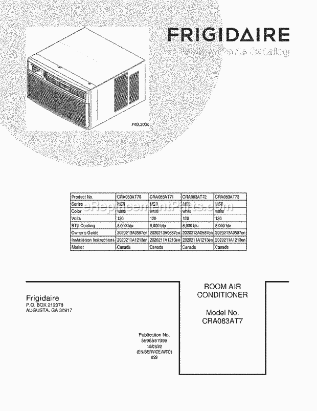 Frigidaire CRA083AT71 Air Conditioner Page B Diagram