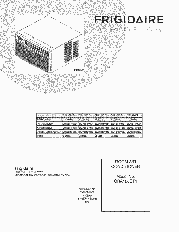 Frigidaire CRA126CT111 Air Conditioner Page B Diagram