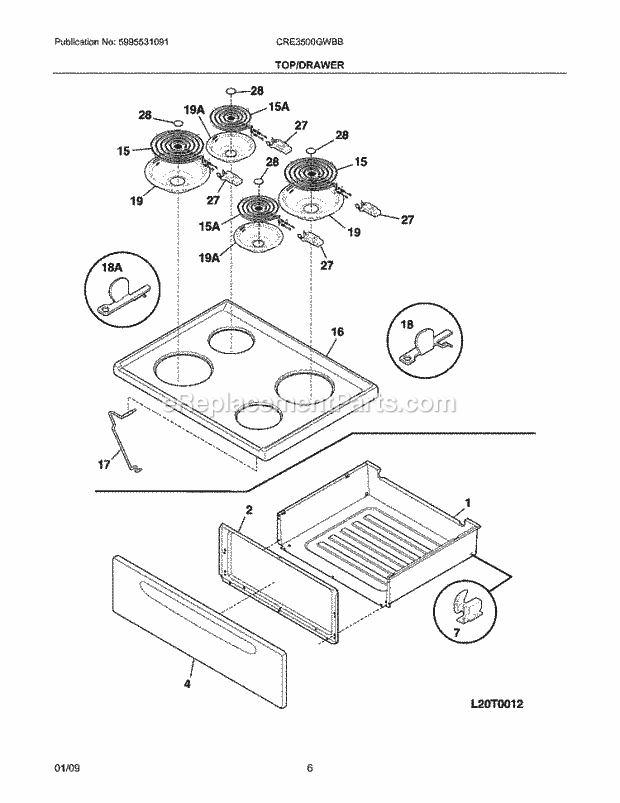 Frigidaire CRE3500GWBB Range Top/Drawer Diagram