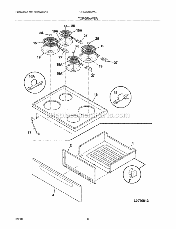 Frigidaire CRE3510LWB Range Top/Drawer Diagram