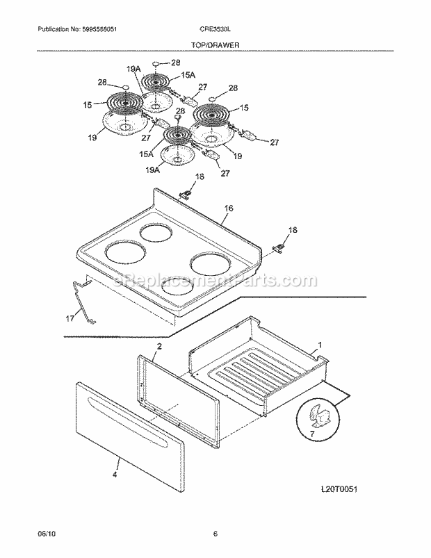 Frigidaire CRE3530LWA Range Top/Drawer Diagram