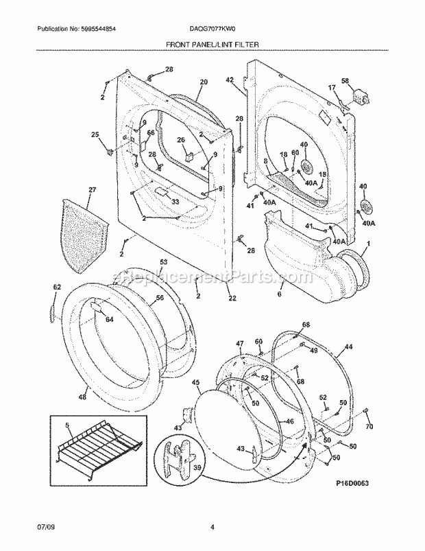 Frigidaire DAQG7077KW0 Dryer Front Panel/Lint Filter Diagram