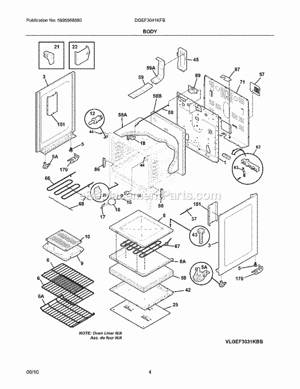 Frigidaire DGEF3041KFB Range Body Diagram