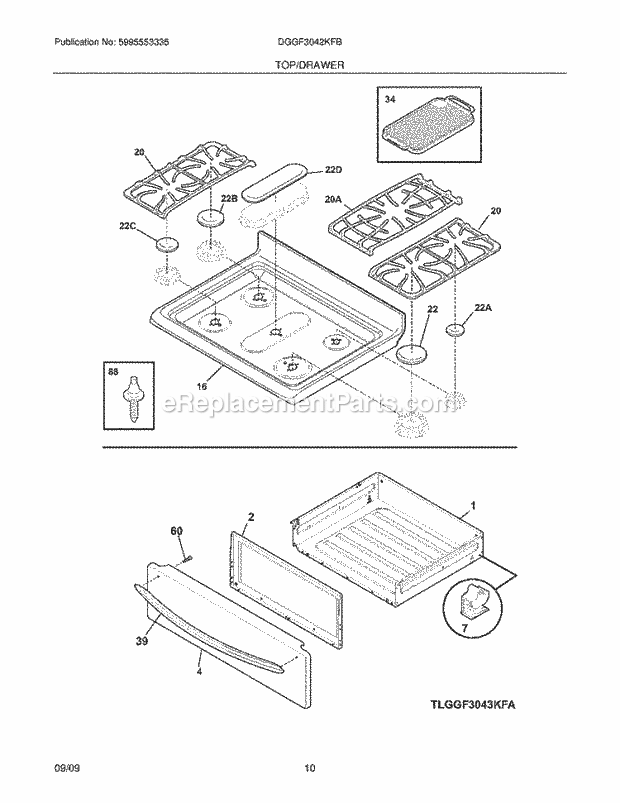 Frigidaire DGGF3042KFB Range Top/Drawer Diagram