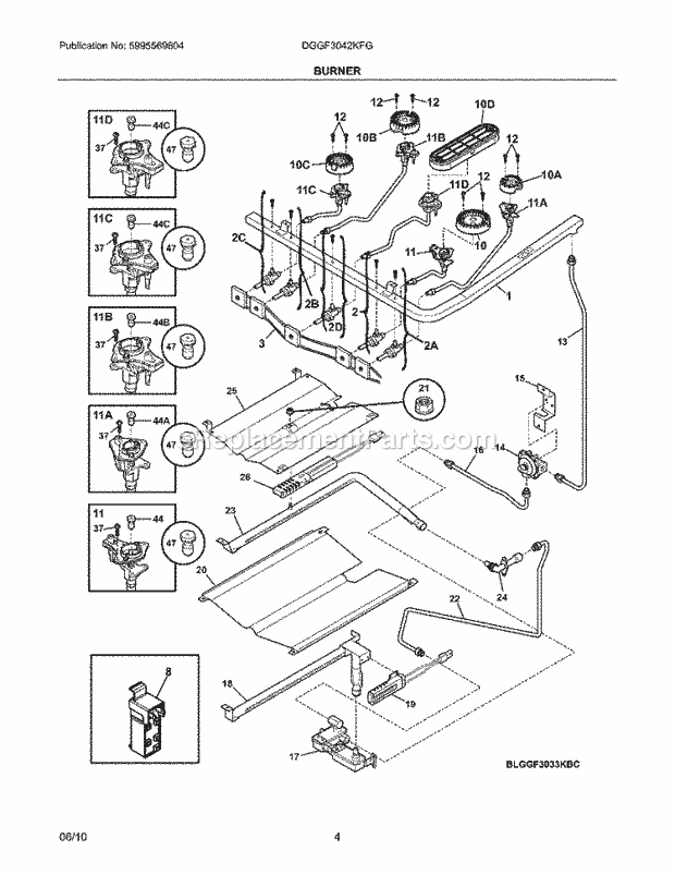 Frigidaire DGGF3042KFG Range Burner Diagram