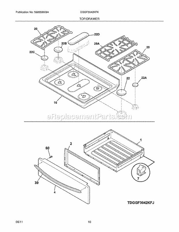 Frigidaire DGGF3042KFK Range Top/Drawer Diagram