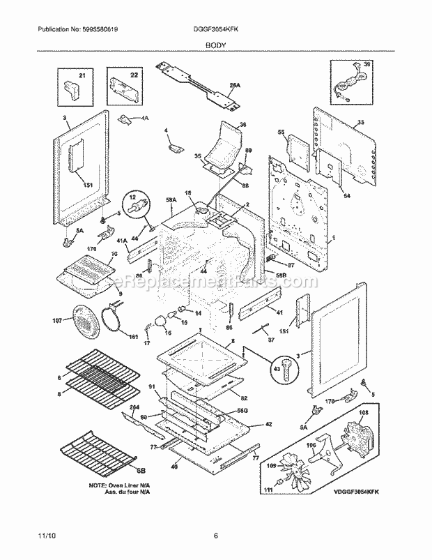 Frigidaire DGGF3054KFK Range Body Diagram