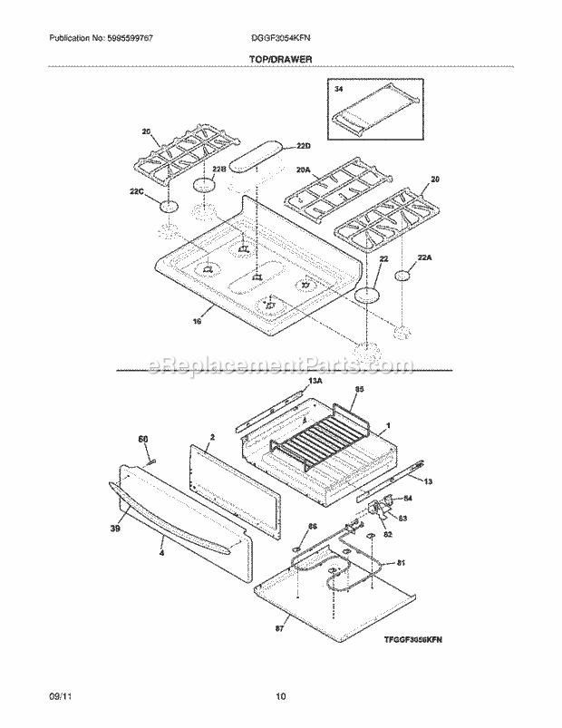 Frigidaire DGGF3054KFN Range Top/Drawer Diagram